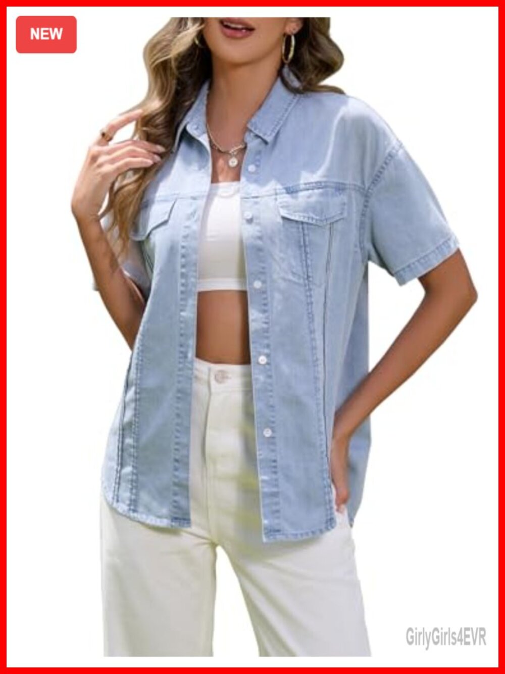 Womens Short Sleeve Button Down Denim Shirt Collared Blouse Casual Top